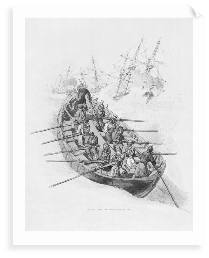 Eleven figures in a lifeboat going out to vessels in a rough sea by William Miller