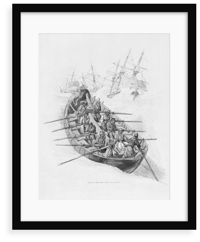 Eleven figures in a lifeboat going out to vessels in a rough sea by William Miller