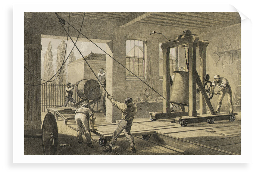 The reels of gutta percha covered conducting wire conveyed into tanks at the works at Greenwich by R. Dudley