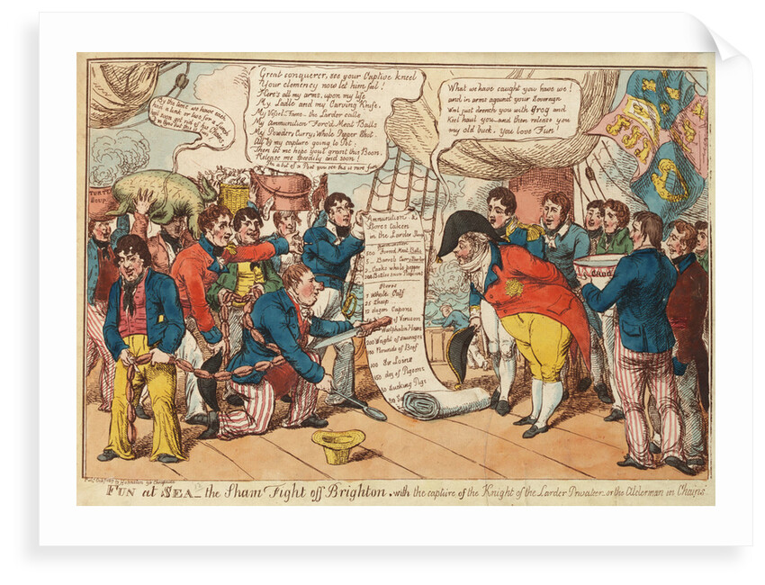 Fun at Sea - the Sham Fight off Brighton with the capture of the Knight of the Larder Privateer - or the Alderman in Chains (Sir William Curtis and Prince Regent) by Johnston
