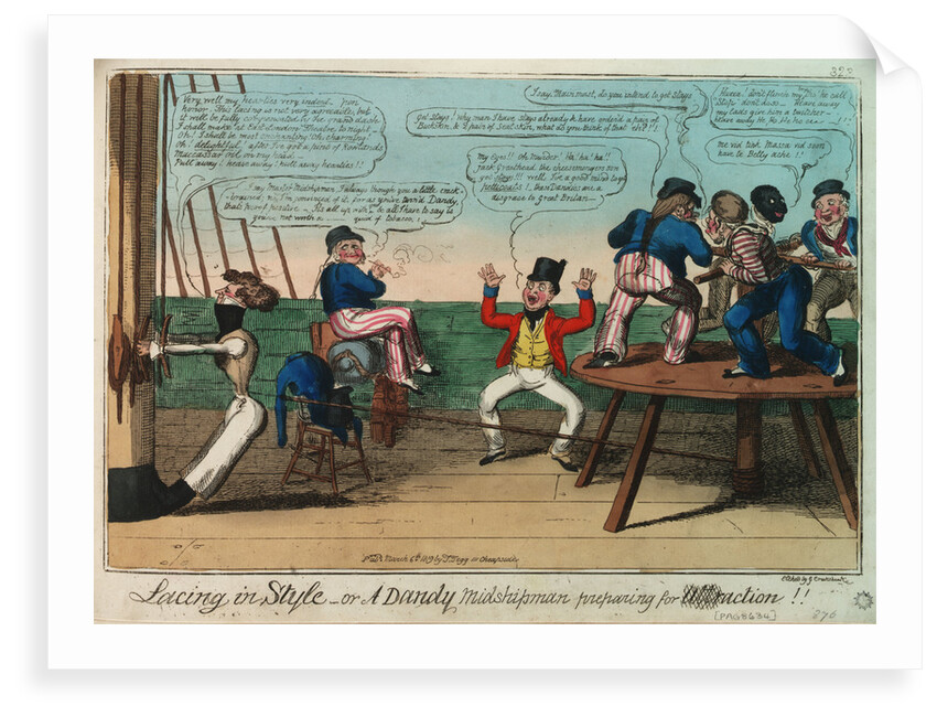 Lacing in Style - or A Dandy Midshipman preparing for action by George Cruikshank