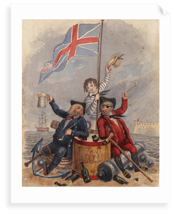 Disabled sailor and soldier leaning on drum toasting Union Flag supported by young sailor by unknown