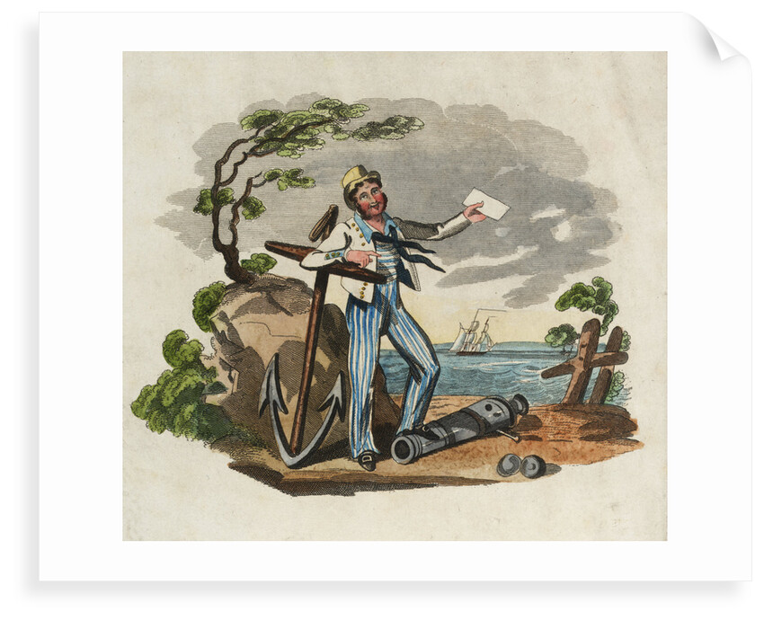 Sailor leaning on anchor with foot on gun barrel, holding paper in left hand by unknown