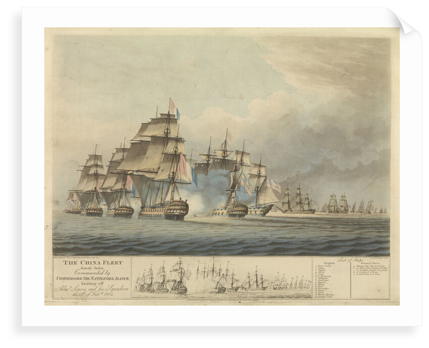 The China fleet heavily laden commanded by Commodore Sir Nathaniel Dance beating off Admiral Linois and his squadron the 15 February 1804 by Thomas Buttersworth