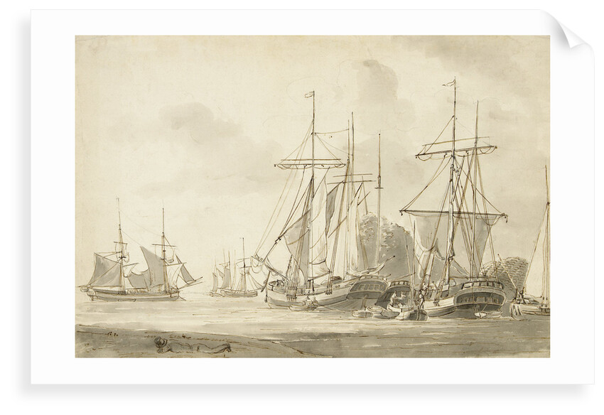 Group of brigs at anchor in a harbour by Gerrit Groenewegen
