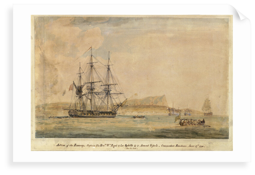 Action of the Romney... & La Sybille & 3 armed vessels... June 17th 1794 (off Miconi, Grecian Archipelago) by J. Livesay