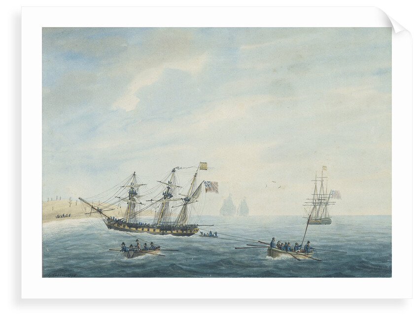 No.1. Thetis on shore near Currituck Inlet, North Carolina Dec 23rd 1794... Cleopatra at anchor near her. Thisbe and Lynx answering private signals by George Tobin