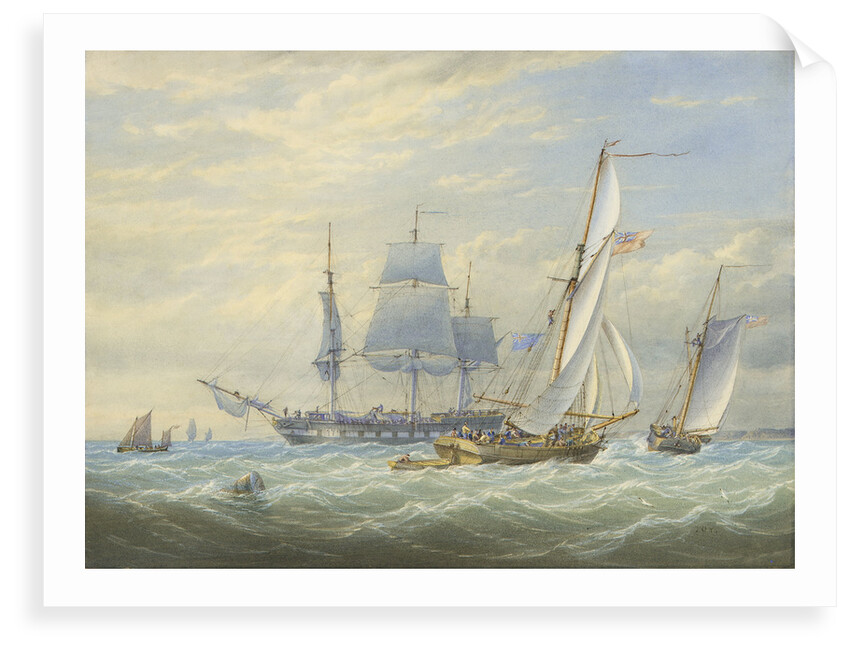 Two cutters under sail and a ship at anchor by John Cantiloe Joy