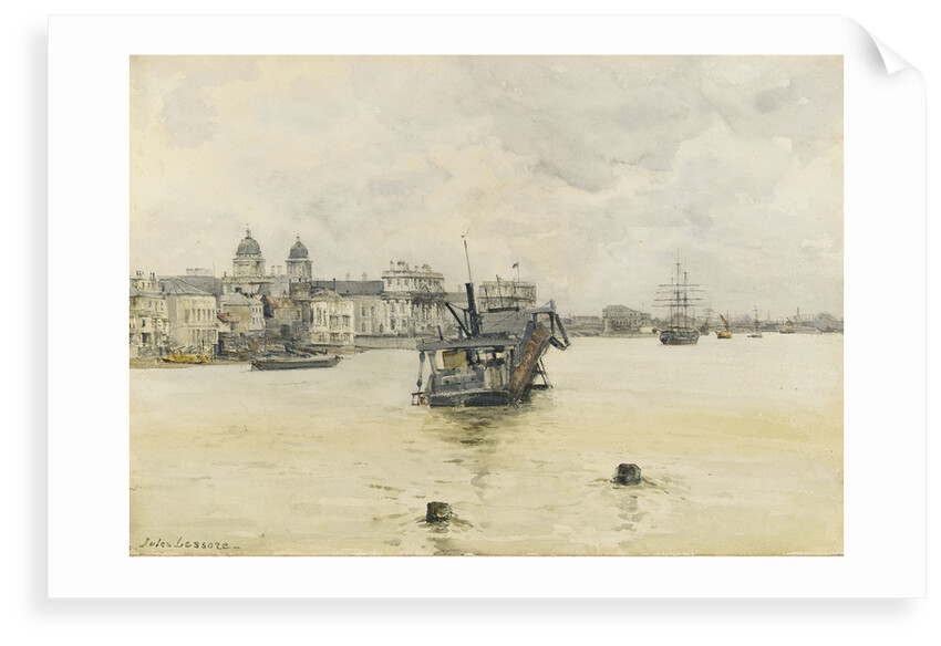 'Greenwich', with a dredger on moorings off the Royal Naval College, Greenwich Hospital by Jules Lessore