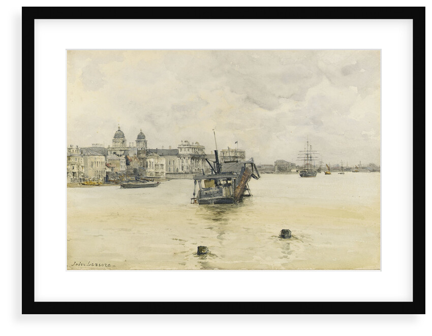 'Greenwich', with a dredger on moorings off the Royal Naval College, Greenwich Hospital by Jules Lessore