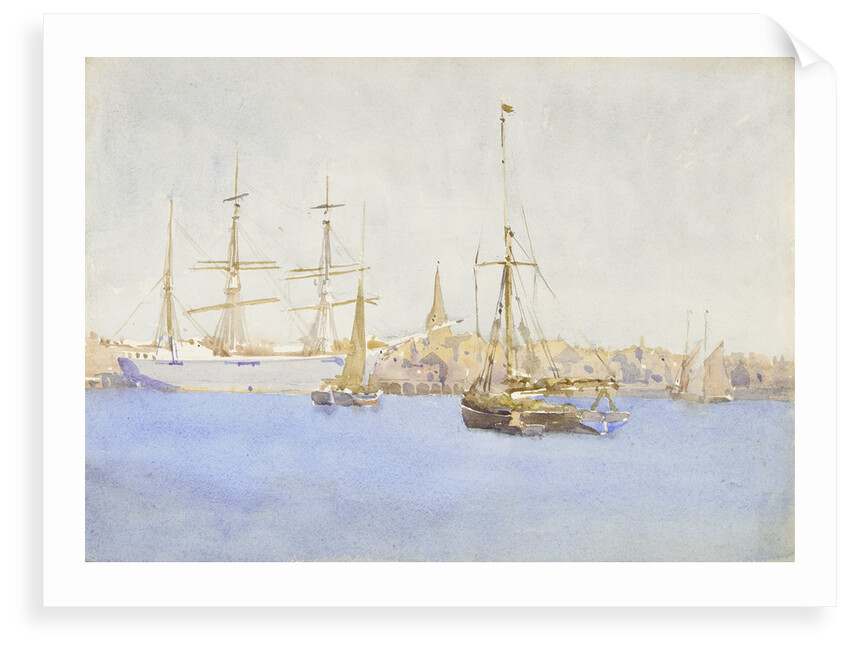 A three-masted barque at a quayside with fishing smacks by Nelson Dawson