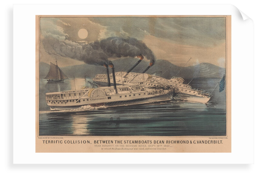 Terrific Collision, between the Steamboats Dean Richond and C. Vanderbilt near Rondout, on the Hudson River, Sept 19th 1867 by which the Dean Richmond was sunk, and several lives lost by Currier & Ives