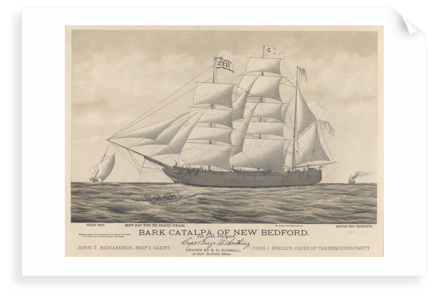 Bark Catalpa of New Bedford, police boat, ship's boat and British ship Georgette by E. N. Russell