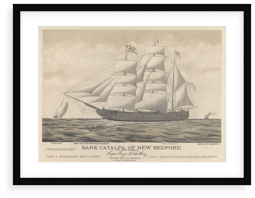 Bark Catalpa of New Bedford, police boat, ship's boat and British ship Georgette by E. N. Russell