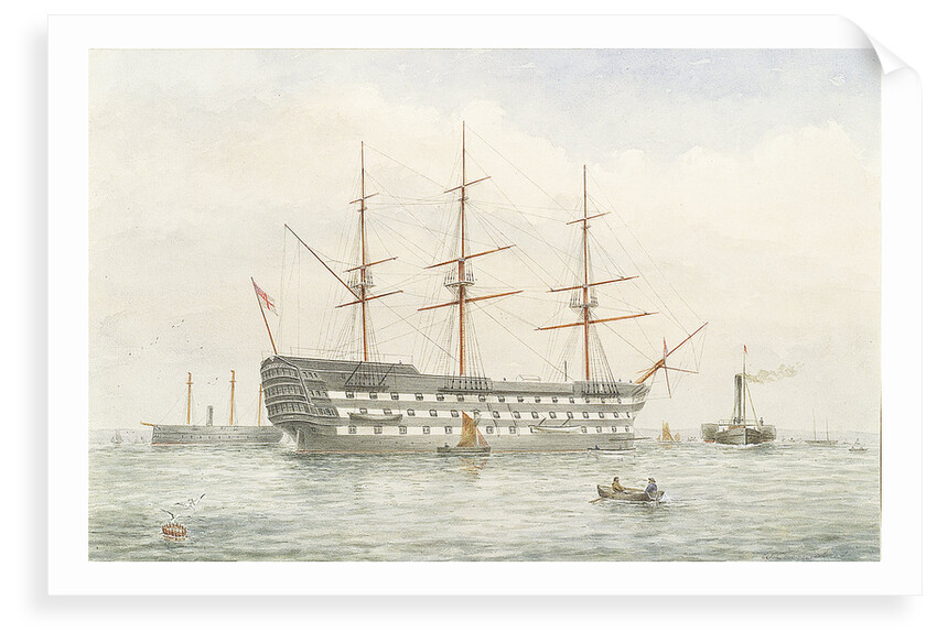 HMS 'Victory' in calm water near a coast by John Wilson Carmichael