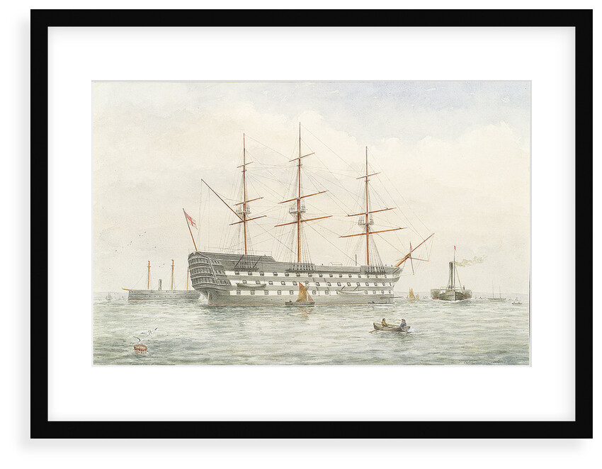 HMS 'Victory' in calm water near a coast by John Wilson Carmichael