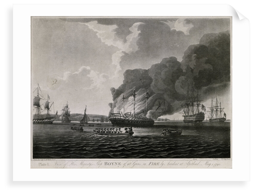 View of HMS 'Boyne' 98 guns, on fire by accident at Spithead, May 1795 by T.M. Waller
