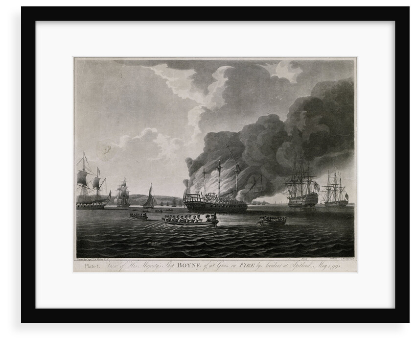 View of HMS 'Boyne' 98 guns, on fire by accident at Spithead, May 1795 by T.M. Waller