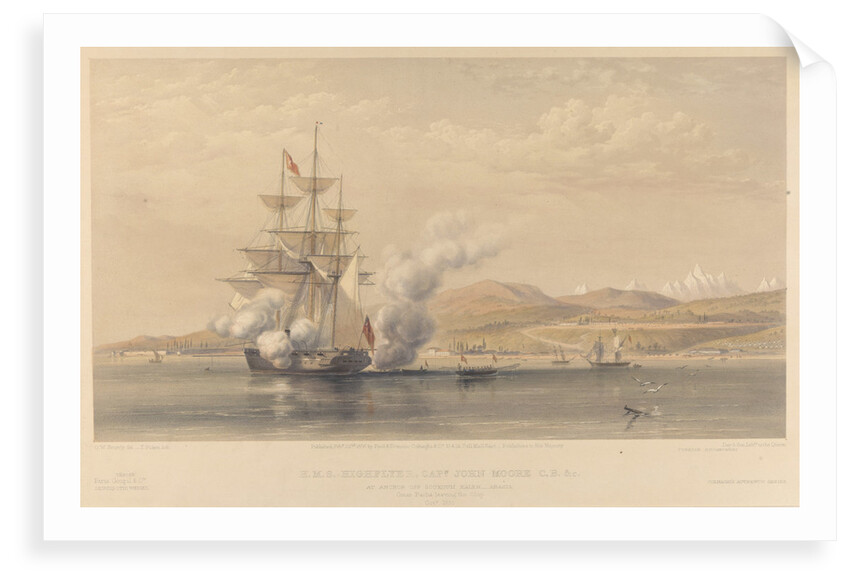 H.M.S. 'Highflyer' Captn John Moore C.B. &c. at anchor off Soukoum Kaleh-Abasia, Omar Pasha leaving the Ship, October 1855 by Oswald Walters Brierly (artist); Thomas Picken (engraver); Day & Son (printers); Paul & Dominic P & D Colnaghi & Co (publishers); Goupil & Co (publishers)