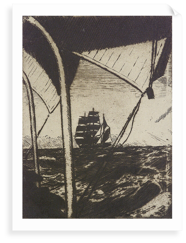 Distant sailing vessel seen through rigging by John Everett