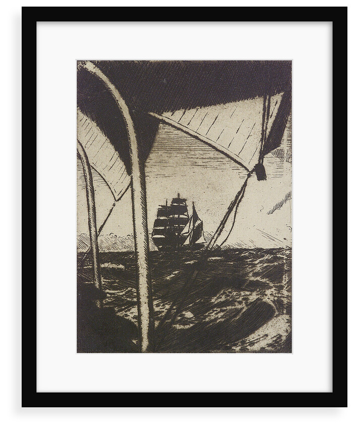 Distant sailing vessel seen through rigging by John Everett