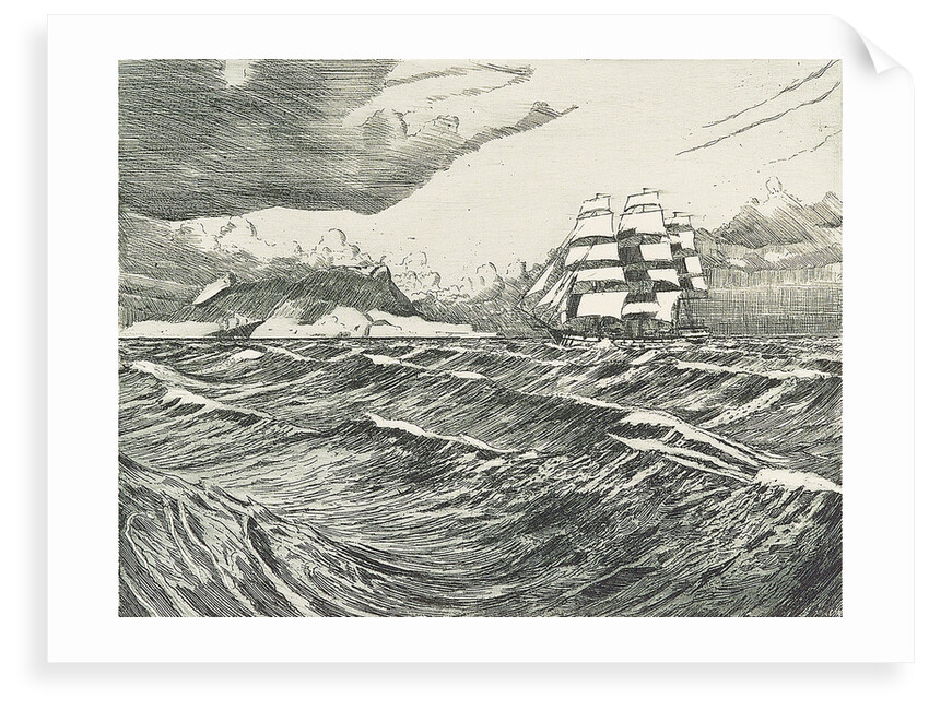 Square-rigger with all sails set passsing land by John Everett