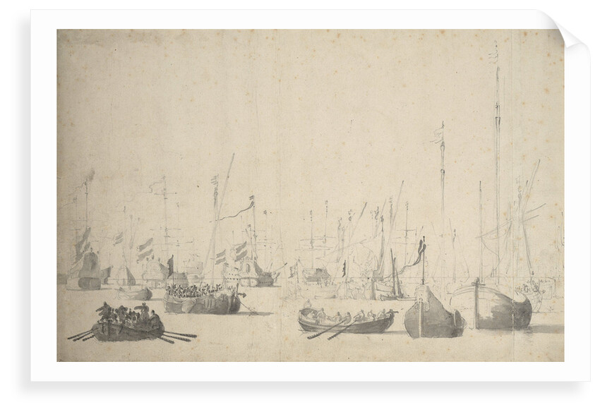 A crowded harbour with Dutch ships, smalschips and other craft by Willem van de Velde the Elder