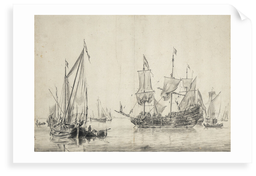 A kaag with a Dutch frigate drying sails by Willem van de Velde the Elder