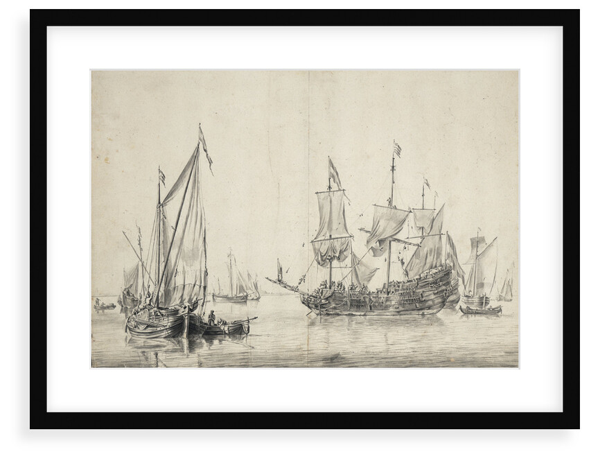 A kaag with a Dutch frigate drying sails by Willem van de Velde the Elder