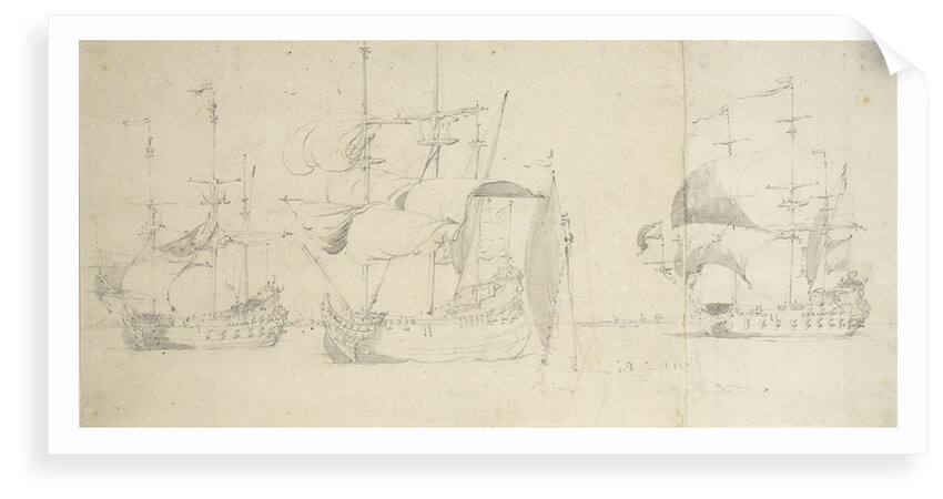 A flute, a Dutch merchantman and a frigate taking in sail in a light breeze by Willem van de Velde the Elder