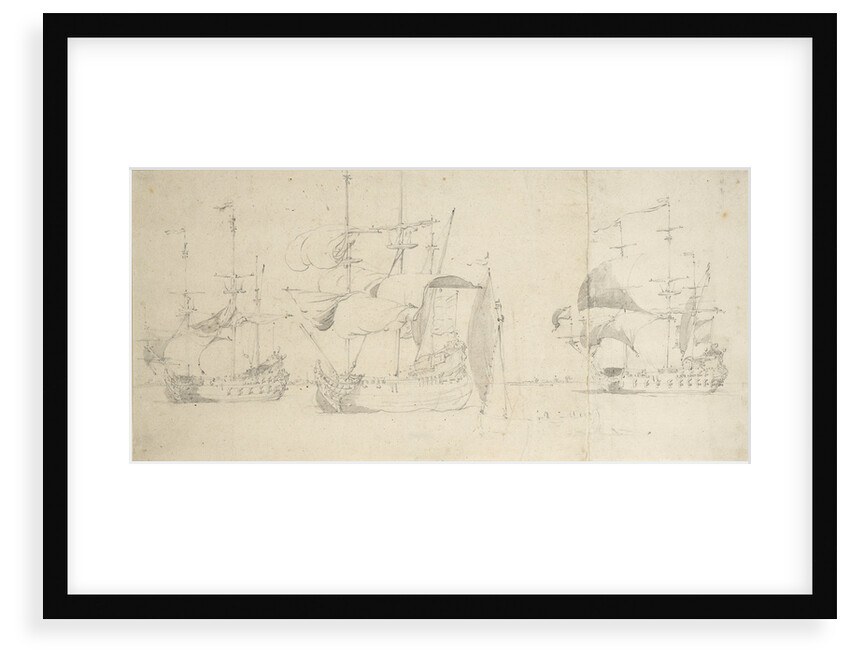 A flute, a Dutch merchantman and a frigate taking in sail in a light breeze by Willem van de Velde the Elder
