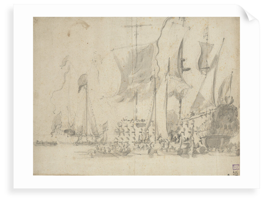 A boeier alongside a large Dutch ship by Willem van de Velde the Elder