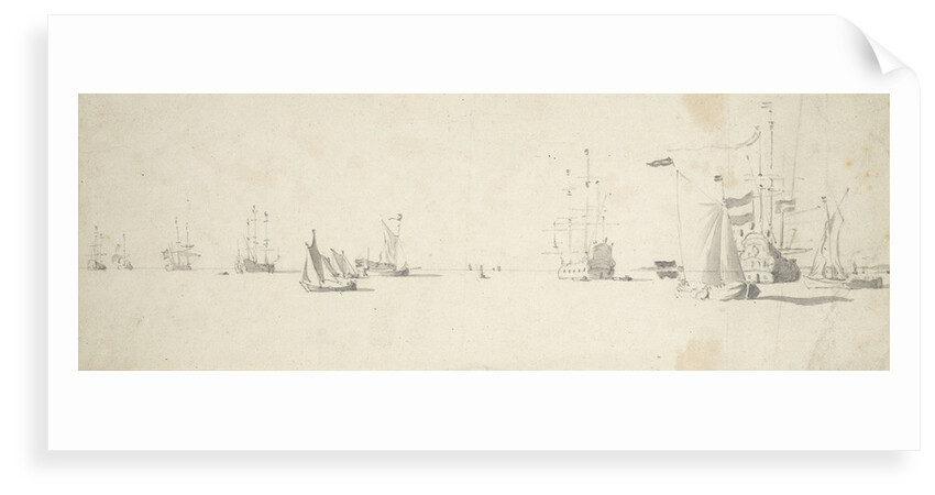 A kaag close-hauled in a light breeze and men-of-war at anchor by Willem van de Velde the Elder