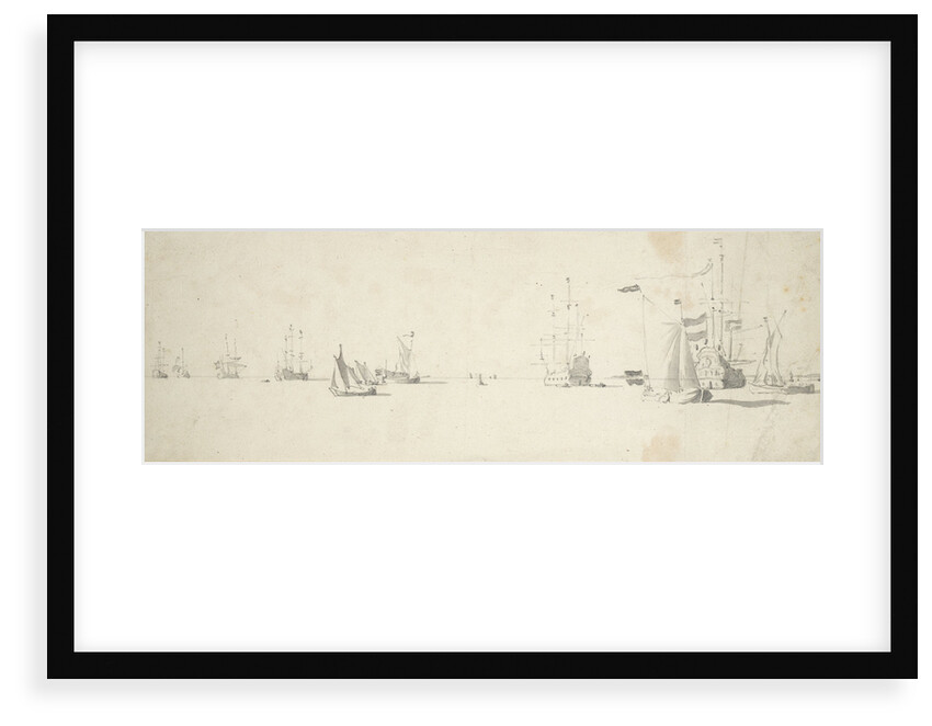 A kaag close-hauled in a light breeze and men-of-war at anchor by Willem van de Velde the Elder