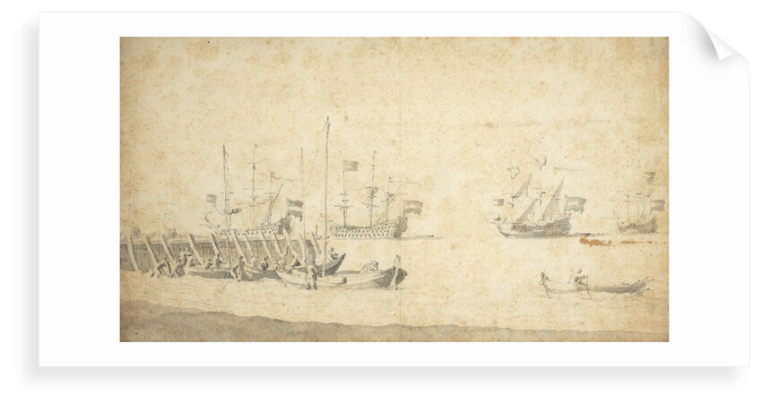 Weyschuits near a pier: Dutch ships lying off by Willem van de Velde the Elder