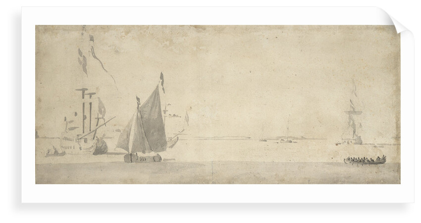 Smalschip under sail and Dutch ships at anchor by Willem van de Velde the Elder