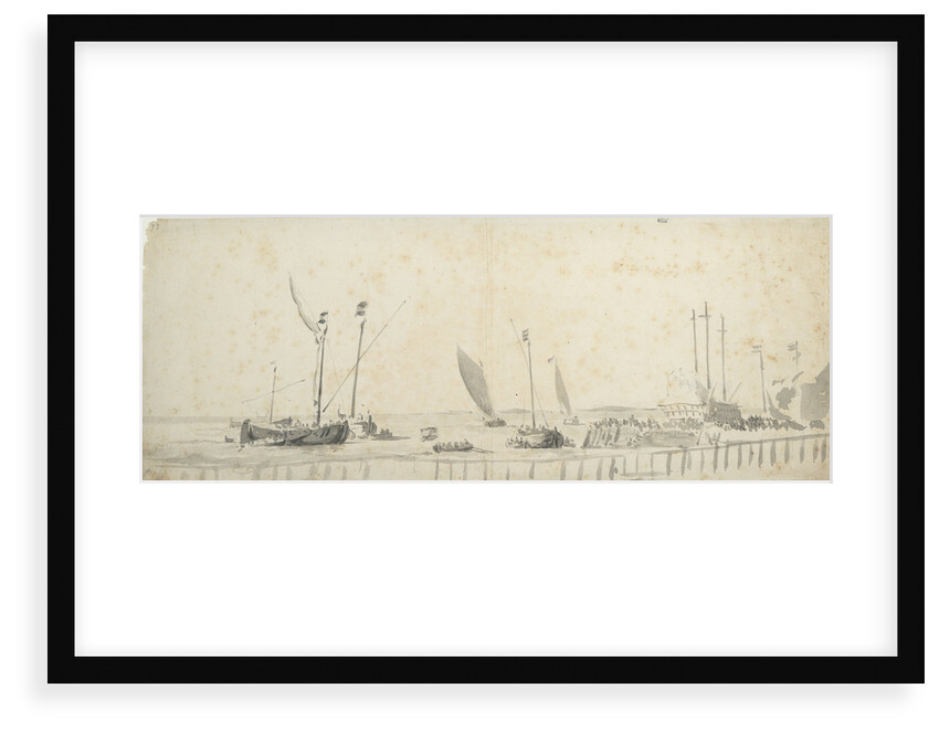 Smalschips near a wharf by Willem van de Velde the Elder