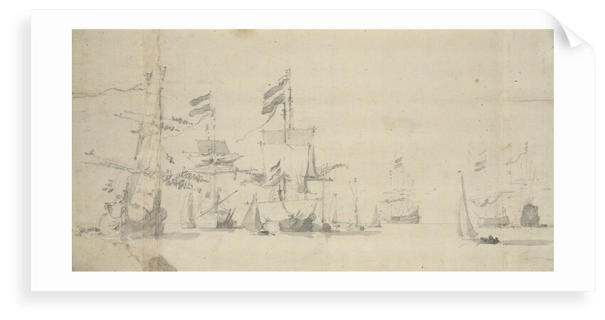 Dutch ships at anchor furling sails by Willem van de Velde the Elder