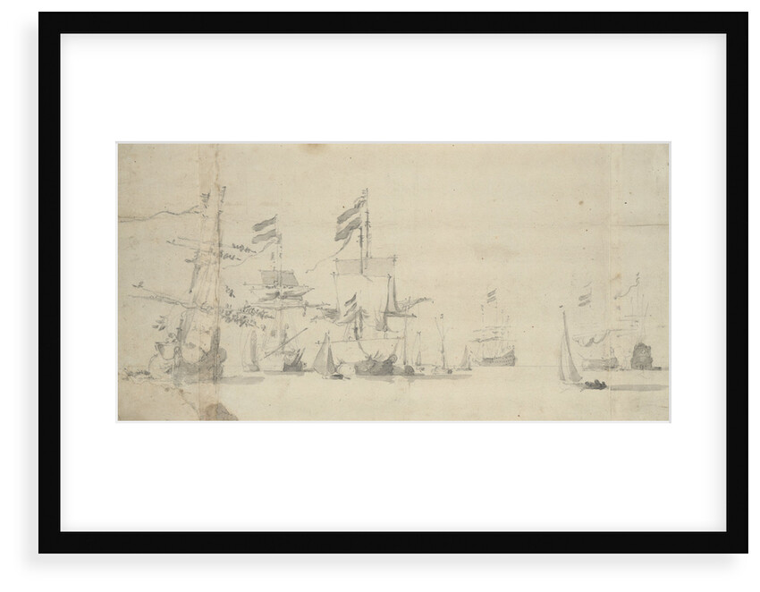 Dutch ships at anchor furling sails by Willem van de Velde the Elder