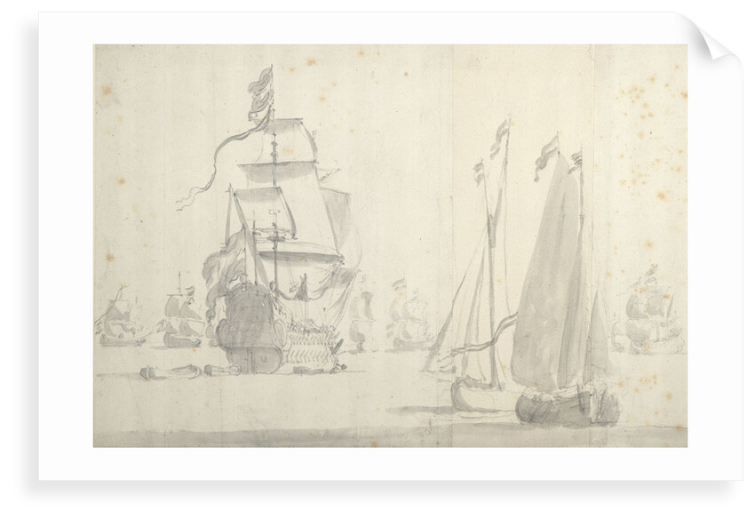 Dutch flagship with a smalschip and galjoot in a light breeze by Willem van de Velde the Elder