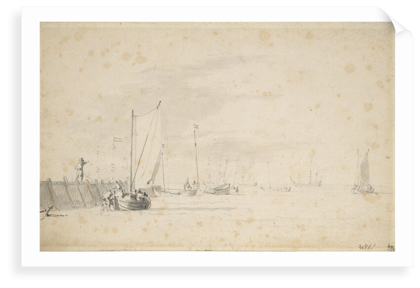 A tochschuit pushing off from the shore by Willem Van de Velde the Younger