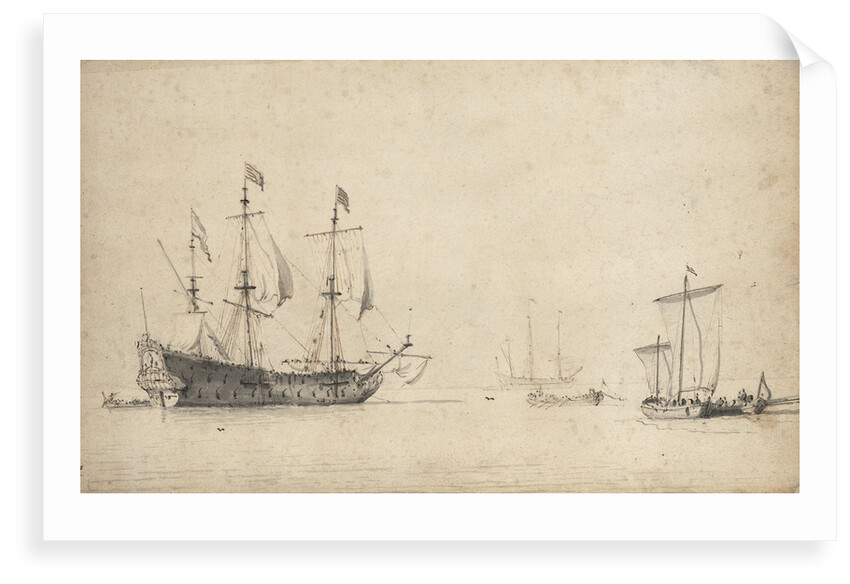 A pink with a Dutch ship drying sails by Willem Van de Velde the Younger