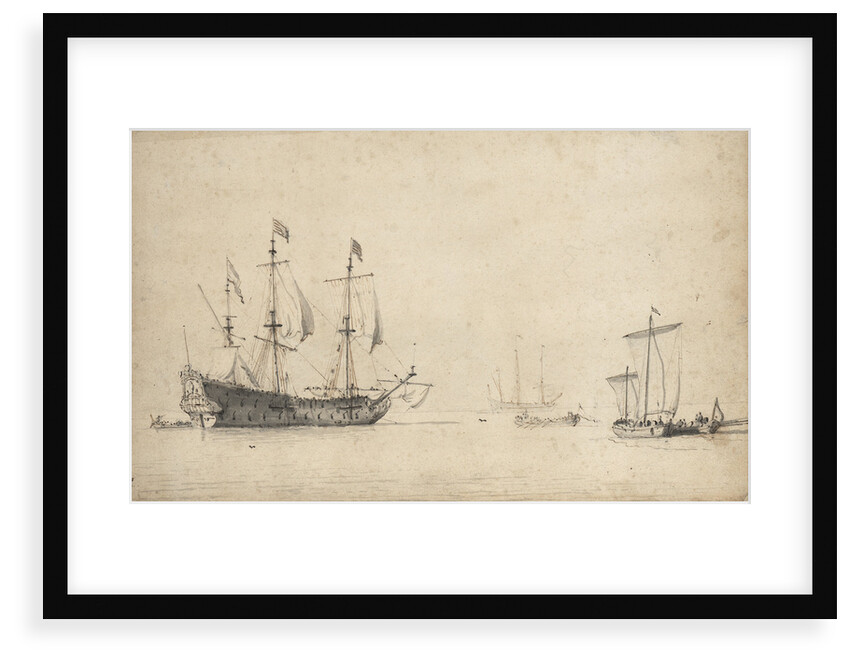 A pink with a Dutch ship drying sails by Willem Van de Velde the Younger