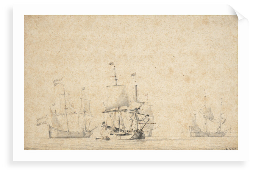 Flutes getting under way in a light breeze by Willem Van de Velde the Younger