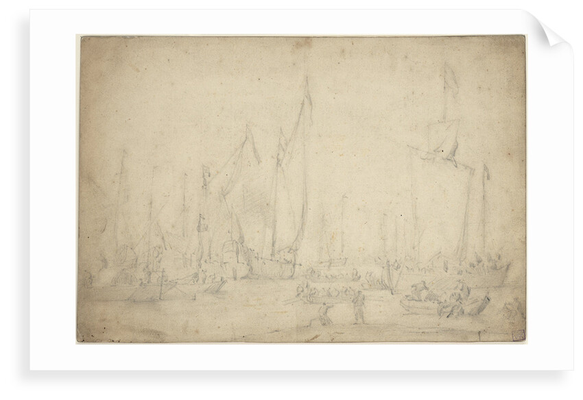 A crowded harbour showing a States yacht, hoeker and pont by Willem Van de Velde the Younger
