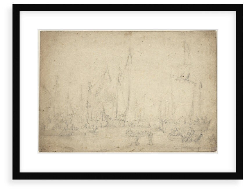 A crowded harbour showing a States yacht, hoeker and pont by Willem Van de Velde the Younger