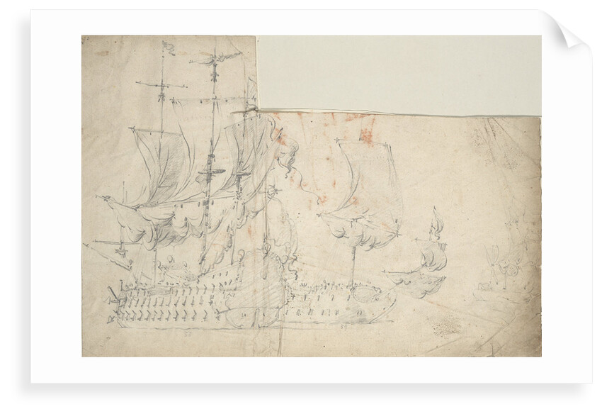 Two large Dutch ships drying sails by Willem van de Velde the Elder