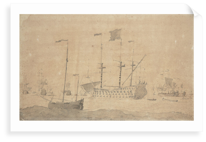 An English flagship and a ketch at anchor, June 1673? by Willem van de Velde the Elder