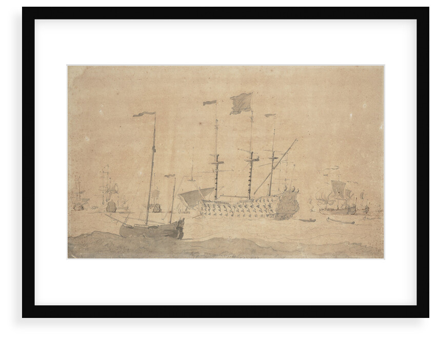 An English flagship and a ketch at anchor, June 1673? by Willem van de Velde the Elder