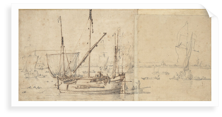 A hooker lying at a buoy by Willem van de Velde the Elder